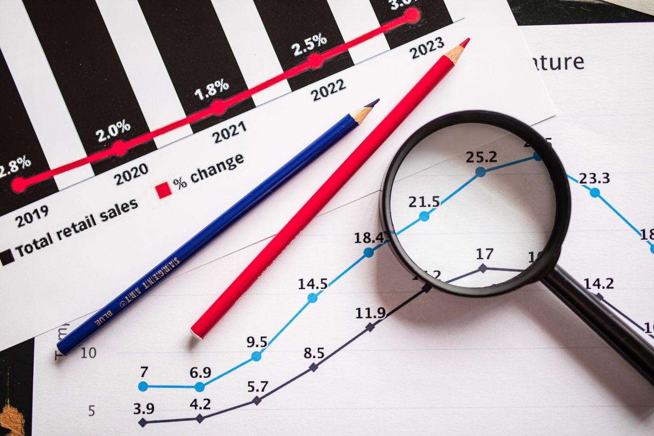 services-02 Magnifying glass and colored pencils on financial trend graphs highlighting sales growth.